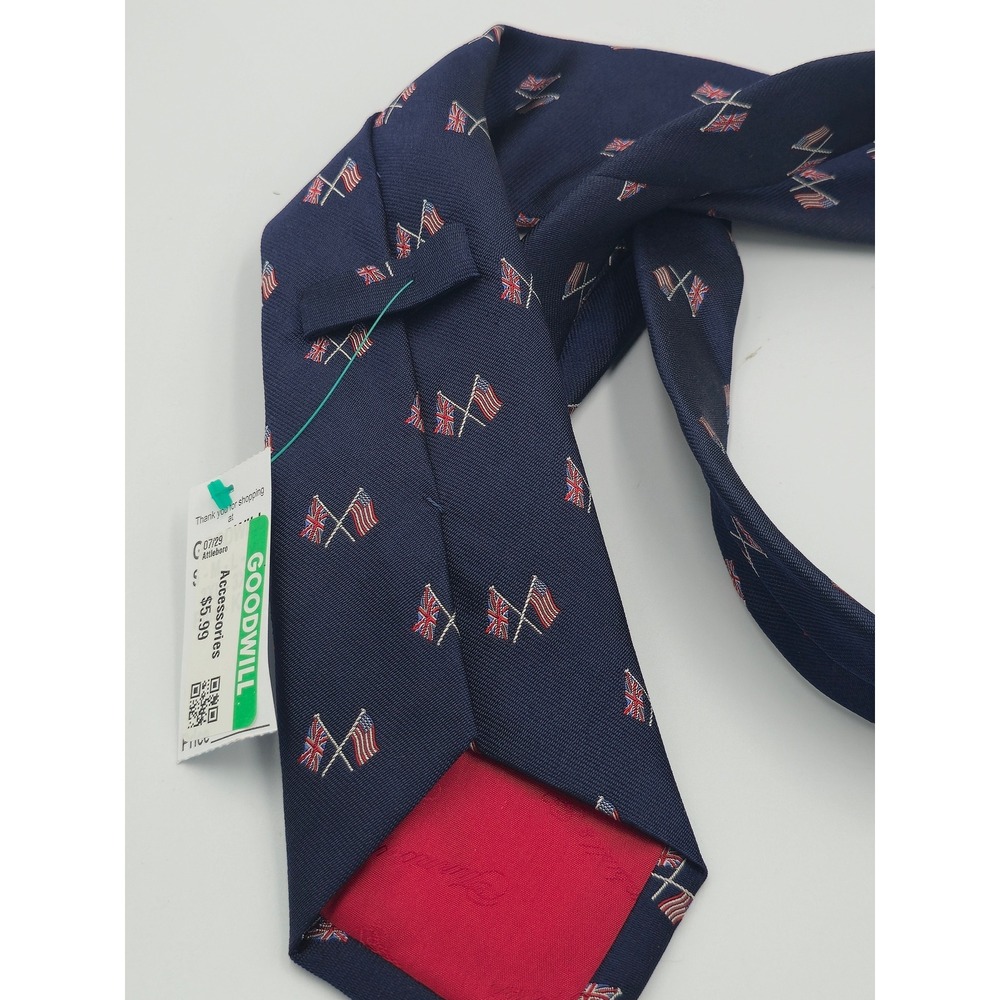Turnbull & Asser Navy Silk Tie Crossed USA UK Flags Hand Made England Navy Blue